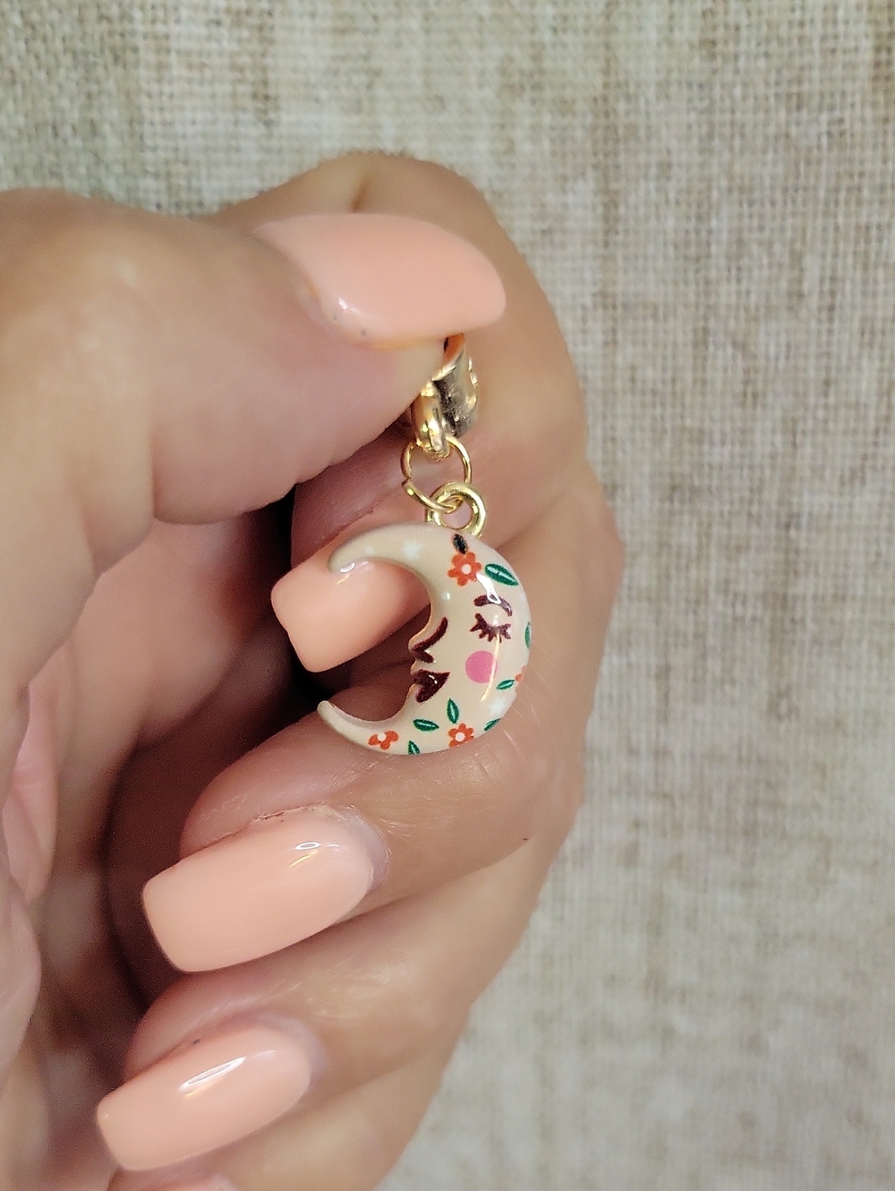 Handpainted Folk Art Crescent Moon Charm Pendant